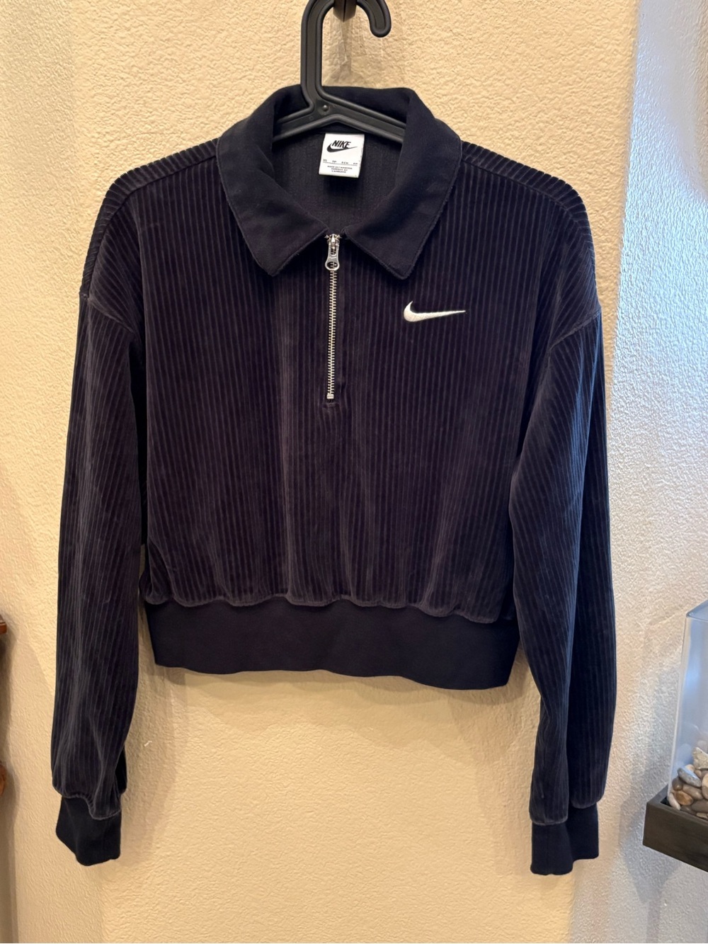 Nike Sportswear Black Velour 1/4 Zip Cropped Top with White Swoosh Logo Size XS